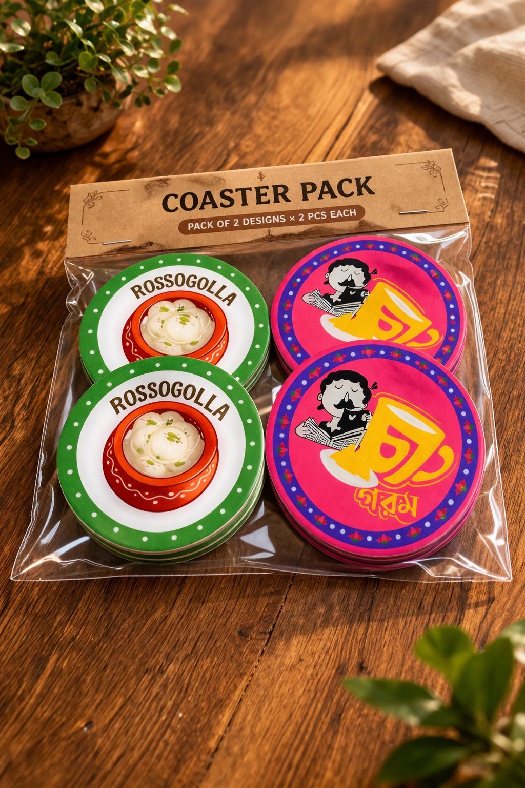 Bengali Culture Coaster Pack – Pack of 2 Designs (4 Pieces) | Premium Printed Acrylic UV Coasters