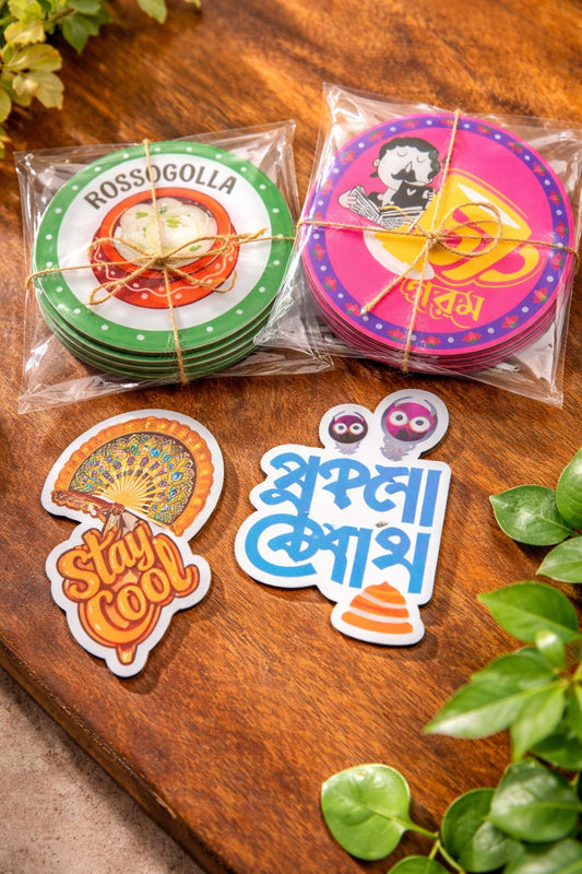 Poila Boishakh Festive Combo – Acrylic Coasters & Fridge Magnets (Pack of 4)